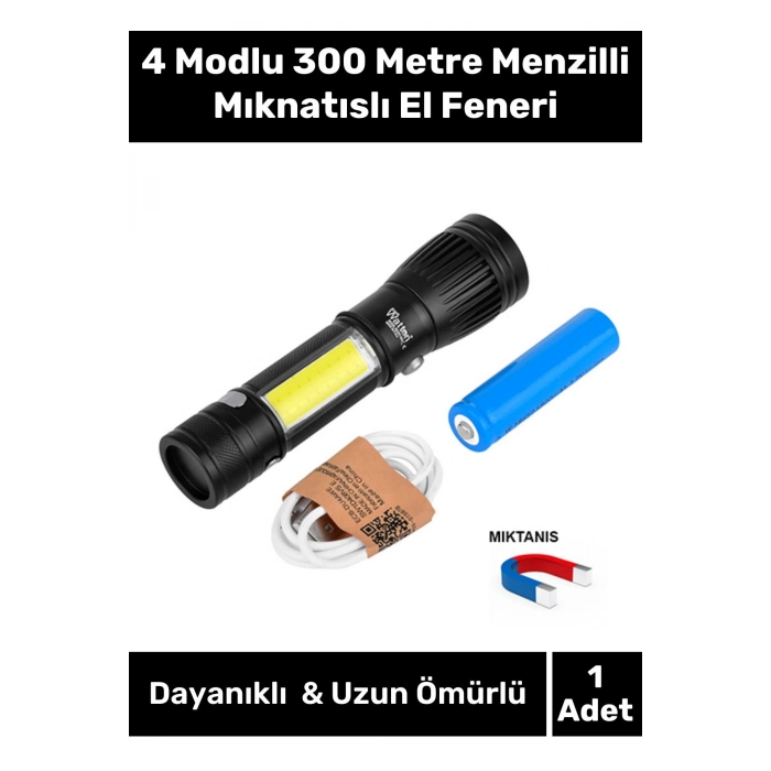 Premium Seri 4 Modlu Şarjlı Beyaz Işık Yüksek Kaliteli 300 Metre Menzilli Mıknatıslı El Feneri