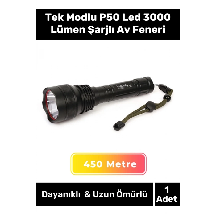 Profesyonel 450 Metre Menzilli Mat Beyaz Işıklı Tek Modlu P50 Led 3000 Lümen Şarjlı Av Feneri