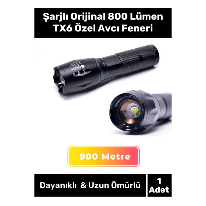 Premium Seri Ultra Yüksek Beyaz Işık 500m Menzilli Şarjlı Orijinal 800 Lümen TX6 Özel Avcı Feneri