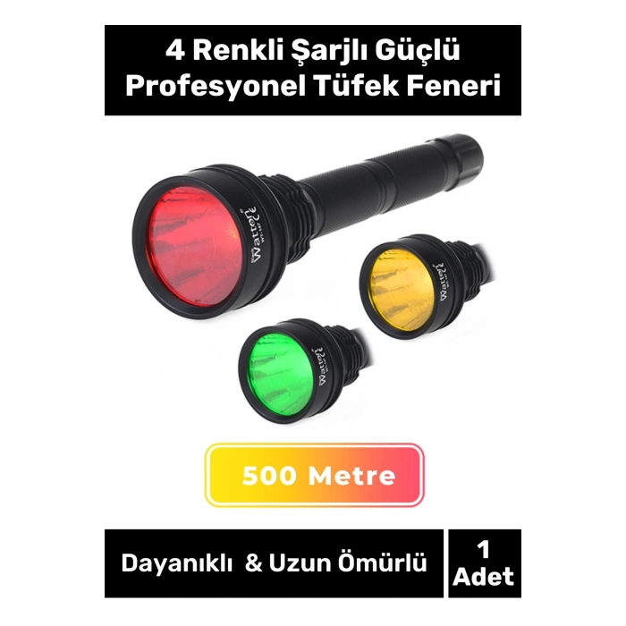 Premium 500 Metre Menzilli Beyaz Sarı Kırmızı Yeşil Aydınlatma Şarjlı Güçlü Profesyonel Tüfek Feneri