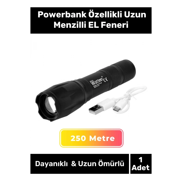 Deluxe Seri Beyaz Gün Işığı 3 Modlu 250 Metre Menzilli Powerbank Özellikli Uzun Menzilli EL Feneri