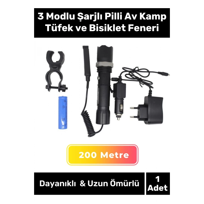 Premium 200 Metre Menzilli Beyaz Işıklı 3 Modlu Şarjlı Pilli Av Kamp Tüfek ve Bisiklet Feneri