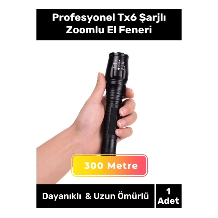 Profesyonel 300 Metre Menzilli 5 Modlu Selektörlü Kızaklı Av Kamp Ev Tx6 Şarjlı Zoomlu El Feneri