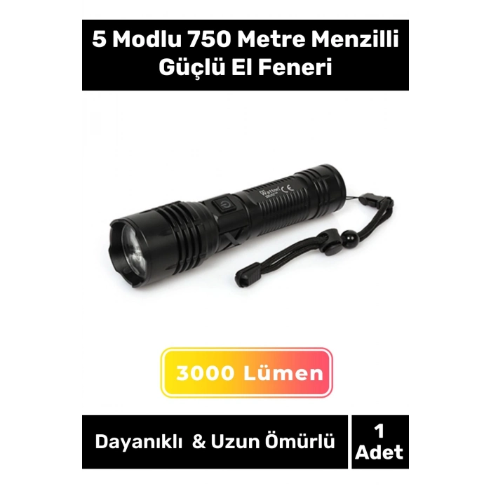 Profesyonel Üretim 750 Metre Menzilli Şarjlı Beyaz Işık 5 Modlu 3000 Lümen Güçlü El Feneri