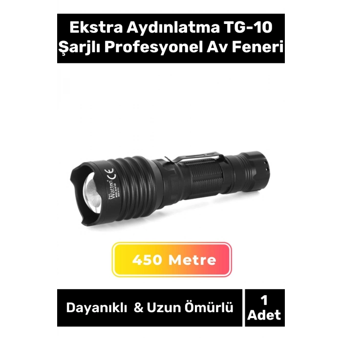 Özel Üretim Tek Modlu 500 Metre Menzilli Ekstra Güçlü Aydınlatma TG-10 Şarjlı Profesyonel Av Feneri