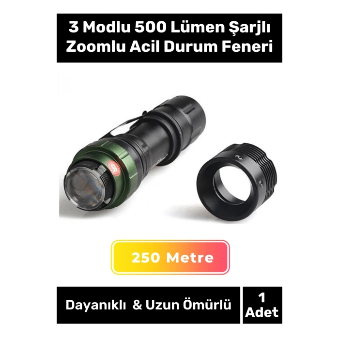 Premium Üretim Beyaz Işık 250 Metre Menzilli 3 Modlu 500 Lümen Şarjlı Zoomlu Acil Durum Feneri