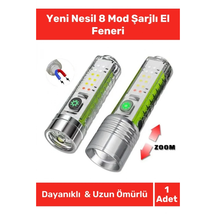 Özel Yeni Nesil Kamp Av Okul Polis Çakarlı Beyaz Kırmızı Mavi Renk Aydınlatma 8 Mod Şarjlı El Feneri