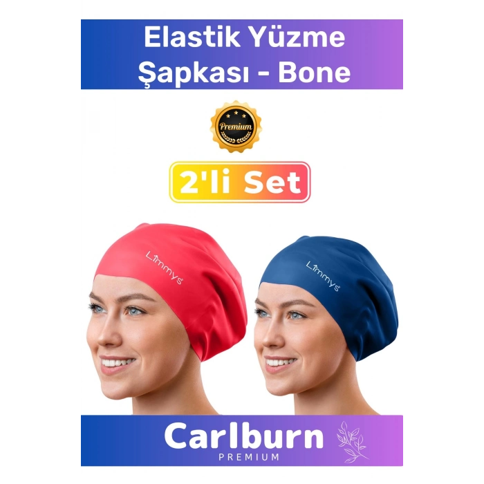 Premium Su Geçirmez Sızdırmaz Renkli Silikon Yüzücü Havuz Deniz Bone Elastik Yüzme Şapkası 2li Set