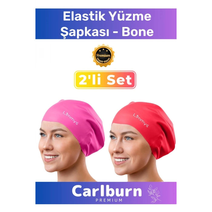 Premium Su Geçirmez Sızdırmaz Renkli Silikon Yüzücü Havuz Deniz Bone Elastik Yüzme Şapkası 2li Set
