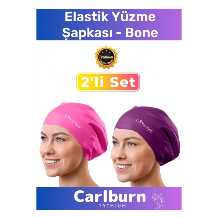 Premium Su Geçirmez Sızdırmaz Renkli Silikon Yüzücü Havuz Deniz Bone Elastik Yüzme Şapkası 2li Set
