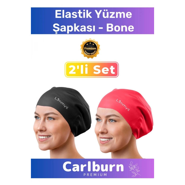 Premium Su Geçirmez Sızdırmaz Renkli Silikon Yüzücü Havuz Deniz Bone Elastik Yüzme Şapkası 2li Set
