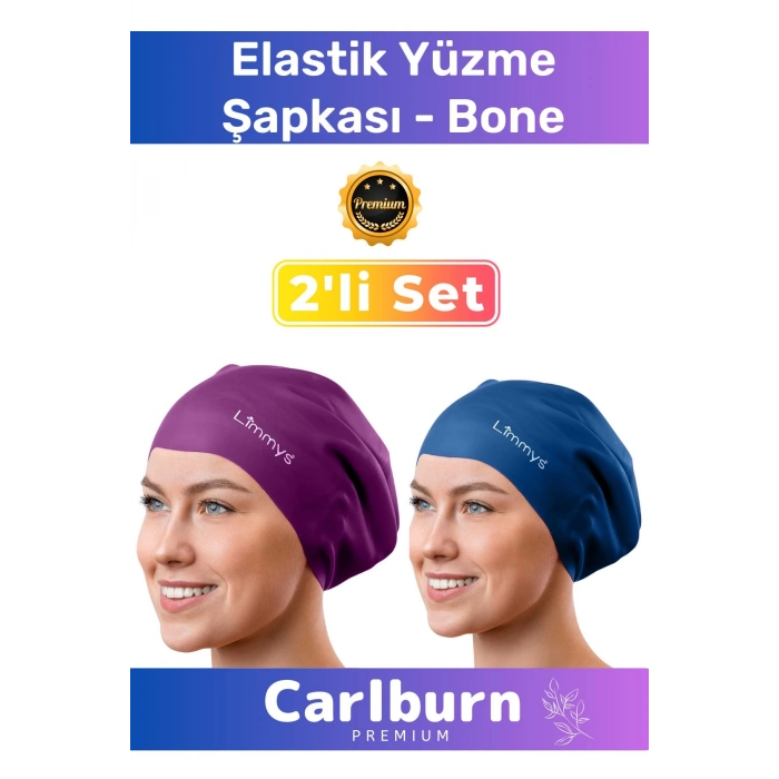 Premium Su Geçirmez Sızdırmaz Renkli Silikon Yüzücü Havuz Deniz Bone Elastik Yüzme Şapkası 2li Set