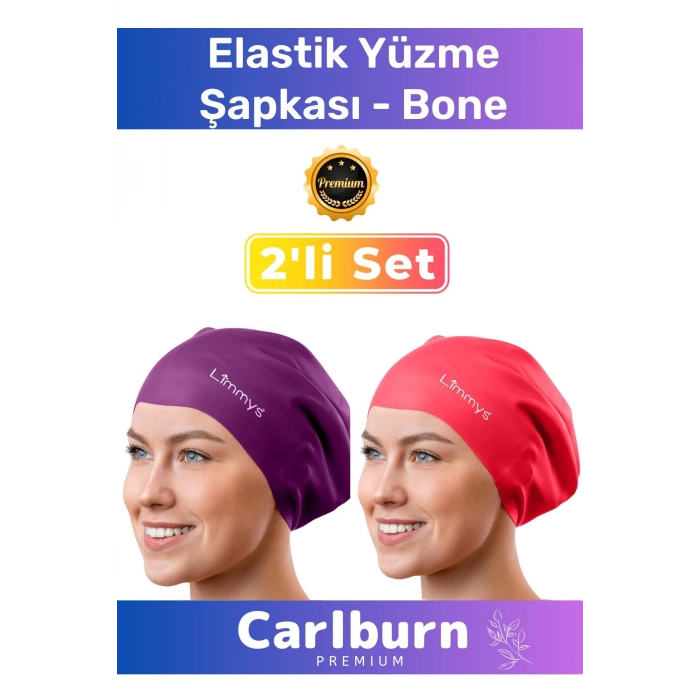 Premium Su Geçirmez Sızdırmaz Renkli Silikon Yüzücü Havuz Deniz Bone Elastik Yüzme Şapkası 2li Set