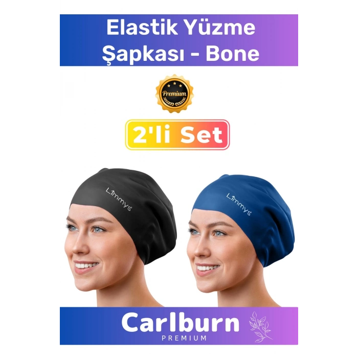 Premium Su Geçirmez Sızdırmaz Renkli Silikon Yüzücü Havuz Deniz Bone Elastik Yüzme Şapkası 2li Set
