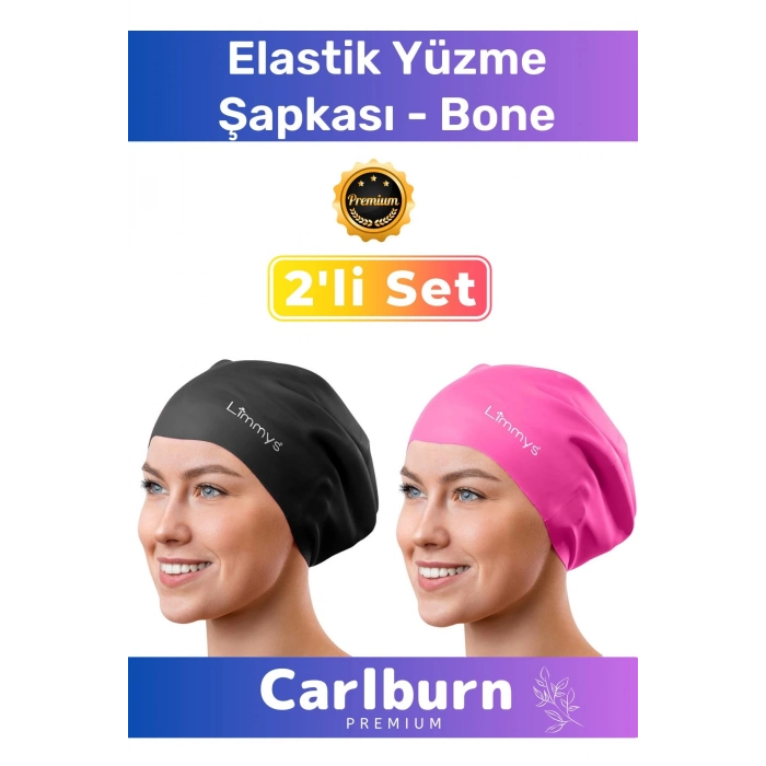 Premium Su Geçirmez Sızdırmaz Renkli Silikon Yüzücü Havuz Deniz Bone Elastik Yüzme Şapkası 2li Set