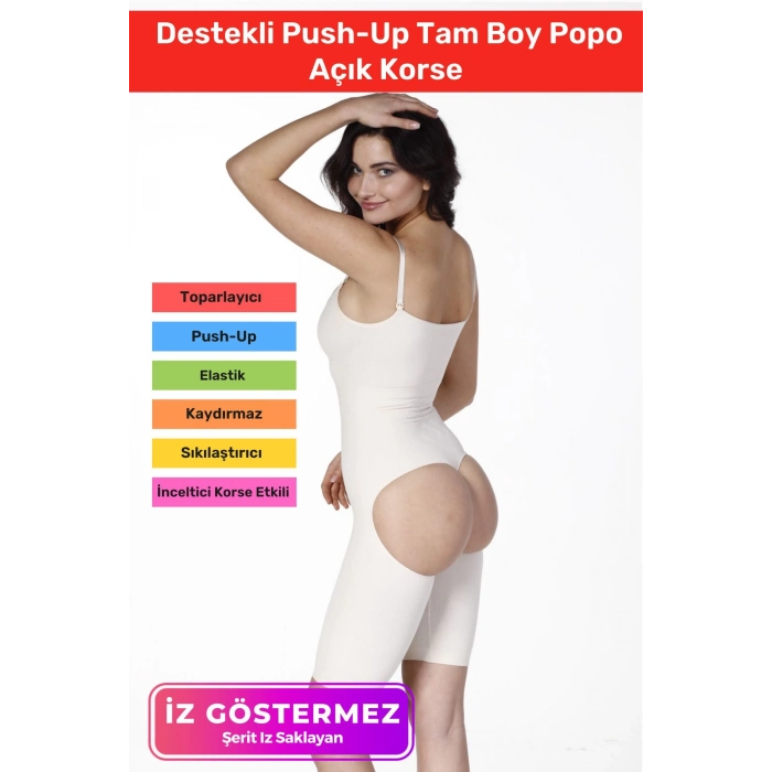 Vücut Şekillendirici İz Bırakmaz Kaymaz Sıkılaştırıcı Destekli Push-Up Tam Boy Popo Açık Korse