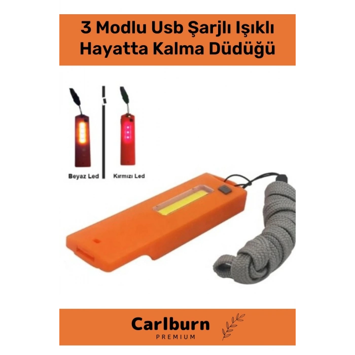 Premium Acil Durum Deprem Taşınabilir Aydınlatmalı 3 Modlu Usb Şarjlı Işıklı Hayatta Kalma Düdüğü