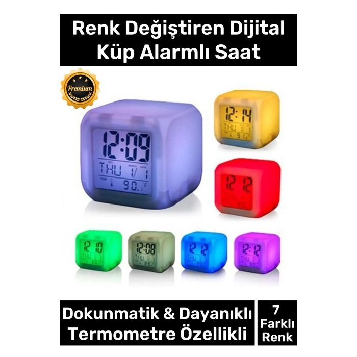 Özel Üretim Dekoratif Termometre Takvimli 7 Renk Değiştiren Dijital Küp Alarmlı Küp Masa Çalar Saat