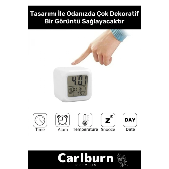 Özel Üretim Dekoratif Termometre Takvimli 7 Renk Değiştiren Dijital Küp Alarmlı Küp Masa Çalar Saat