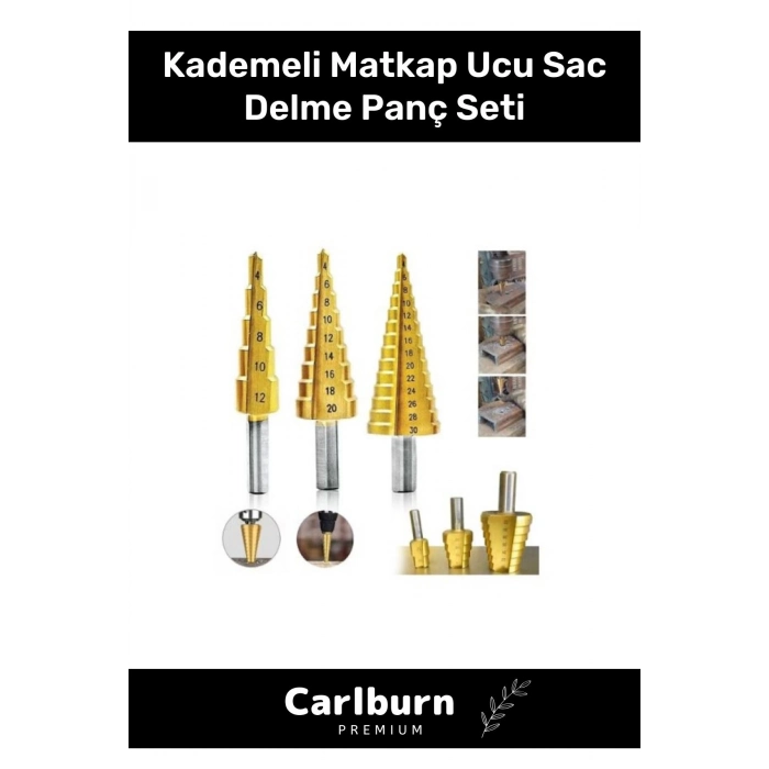 Özel Üretim Çift Yiv Sistemli Çatlatmadan Kesim Kademeli Matkap Ucu Sac Delme Panç Seti