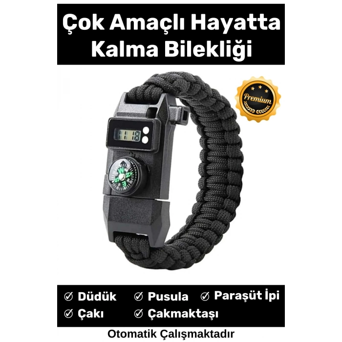 Özel Üretim Kiti Düdük Çakı Pusula Çakmaktaşı Paraşüt İpi Rahat Çok Amaçlı Hayatta Kalma Bilekliği