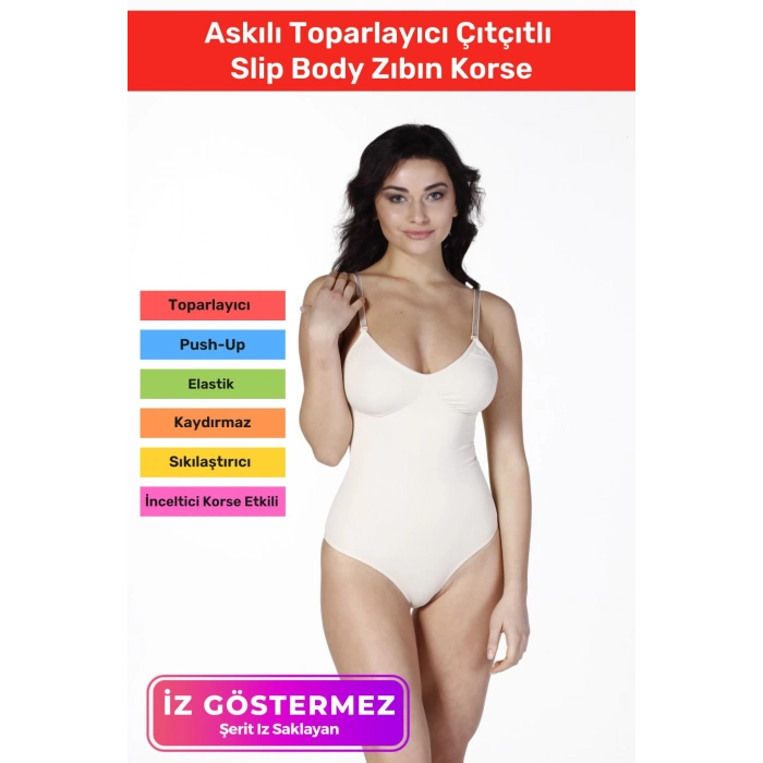 İz Saklayan Lazer Kesim İnceltici Etkili Push-Up Askılı Toparlayıcı Çıtçıtlı Slip Body Zıbın Korse