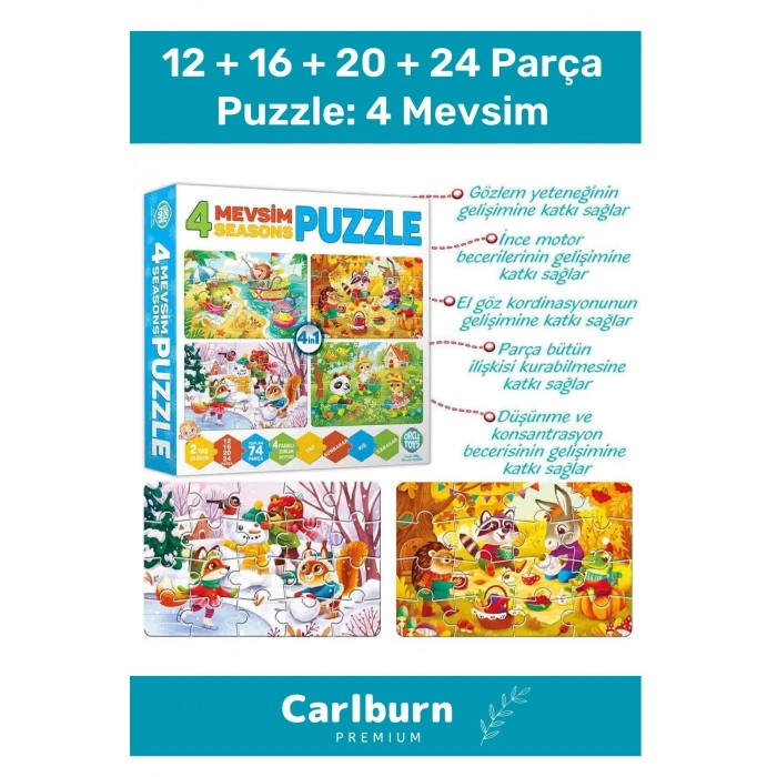 Özel Üretim Zeka Geliştirici Eğitici Çocuk 12 + 16 + 20 + 24 Parça Puzzle: 4 Mevsim