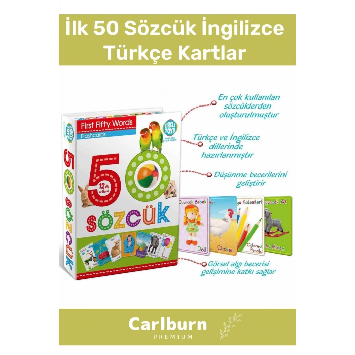 Özel Üretim Zeka Geliştirici Yabancı Dil Eğitici Çocuk İlk 50 Sözcük İngilizce Türkçe Kartlar