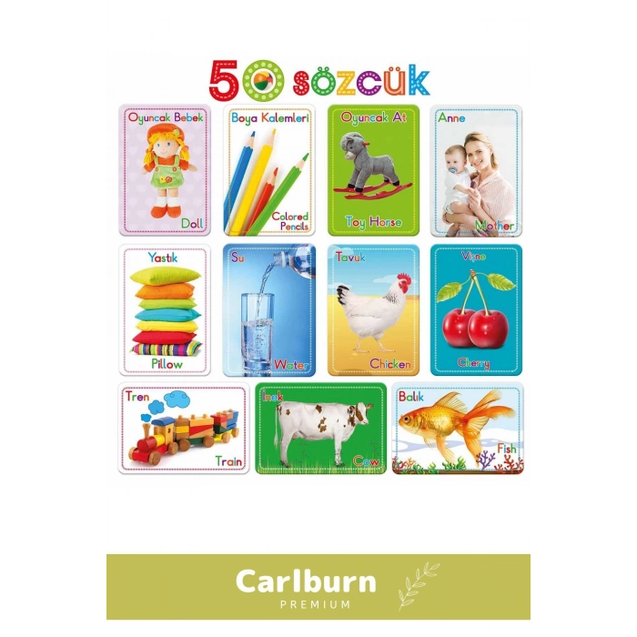 Özel Üretim Zeka Geliştirici Yabancı Dil Eğitici Çocuk İlk 50 Sözcük İngilizce Türkçe Kartlar