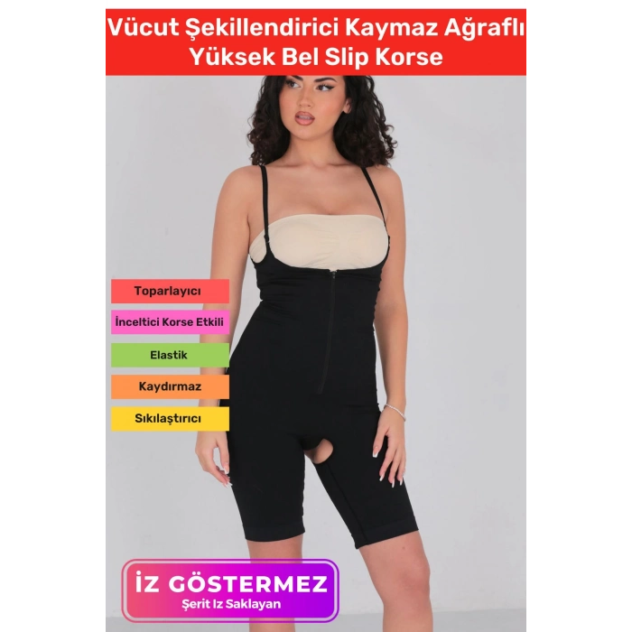 2 Beden İncelten Askılı Toparlayıcı Sıkılaştırıcı Vücut Şekillendiren Kadın Fermuarlı Tam Boy Korse