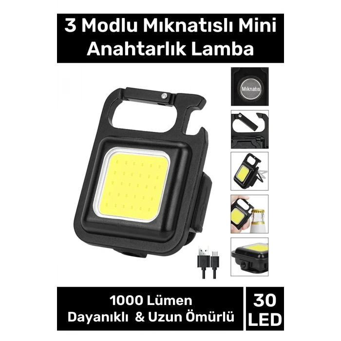 3 Mod Açacaklı Usb Şarjlı Taşınabilir Metal 1000 Lümen El Feneri Mıknatıslı Mini 30 LED Anahtarlık