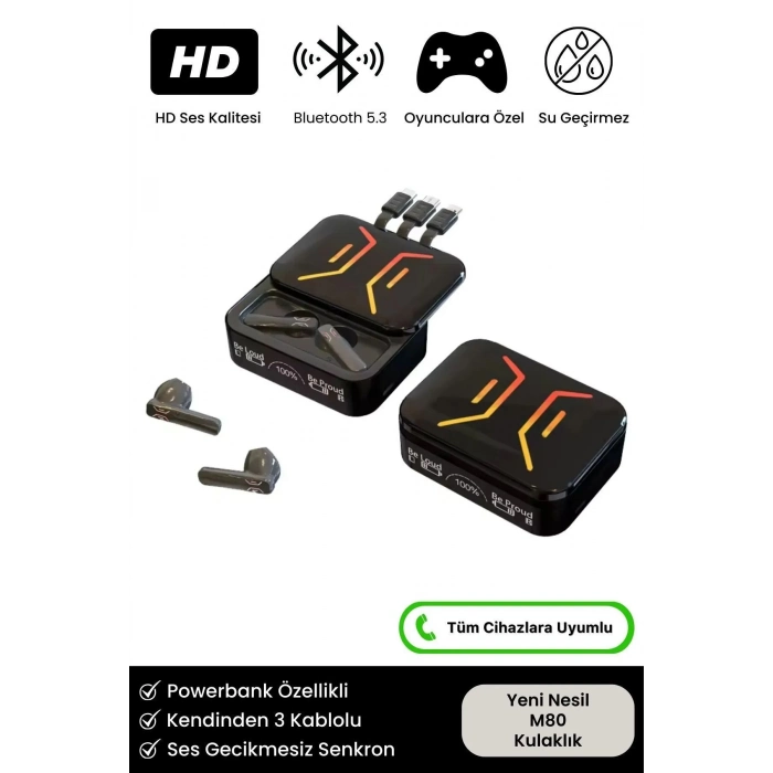 9D Stereo Ses Ios Android Uyumlu Dokunmatik M80 Powerbank Özellikli 5.3 Bluetooth Kablosuz Kulaklık