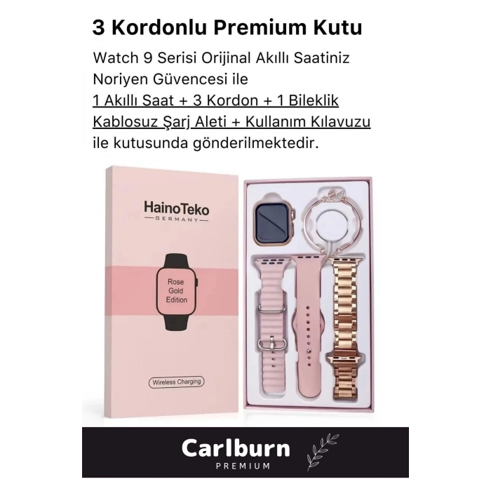 Yeni Nesil 3 Kordonlu Wireless Şarjlı Spor Sağlık Sensörlü Watch 9 Series 41mm Kadın Akıllı Saat