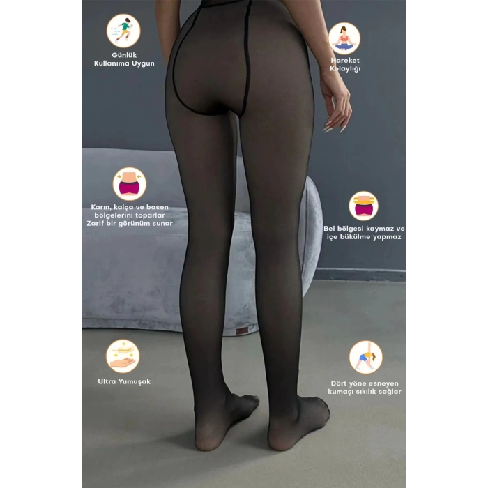 Yüksek Kalite Termal İçli Sıcak Tutan İnce Siyah Çorap Ten Görünümlü Şık Peluş Polarlı Külotlu Çorap