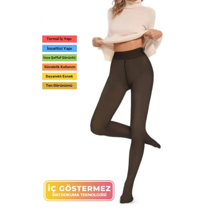 Nefes Alabilen Peluş Kışlık İnceIçi Polarlı Dokuma Siyah Şık Ten Görünümlü Termal Külotlu Çorap Tayt