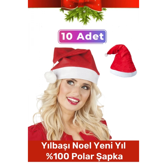 Özel Üretim Yıkanabilir Ucu Ponponlu Çocuk Yetişkin Yılbaşı Noel Baba %100 Polar Şapka 10 Adet