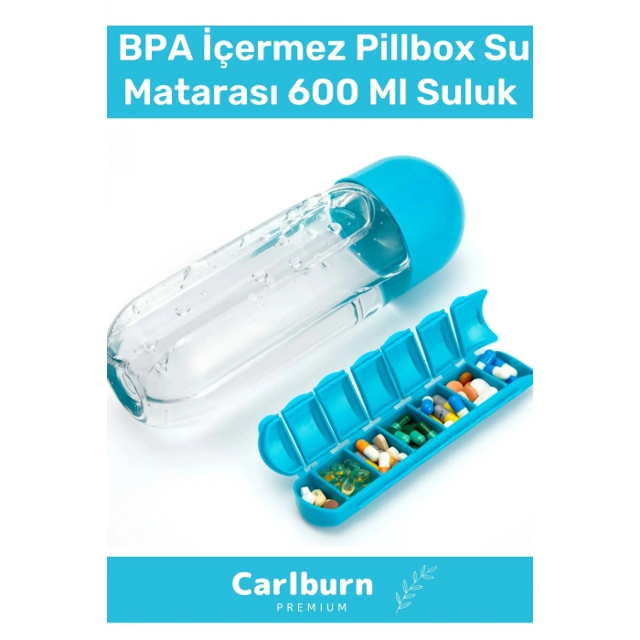 Özel Üretim Hap Bölmeli İlaç Kutusu %100 BPA İçermez Pillbox Su Matarası 600 Ml Suluk