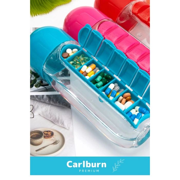 Özel Üretim Hap Bölmeli İlaç Kutusu %100 BPA İçermez Pillbox Su Matarası 600 Ml Suluk