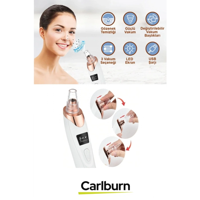 Profesyonel Dijital Göstergeli Şarjlı 6 Başlıklı 3 Kademeli Vakumlu Siyah Nokta Yüz Temizleme Cihazı