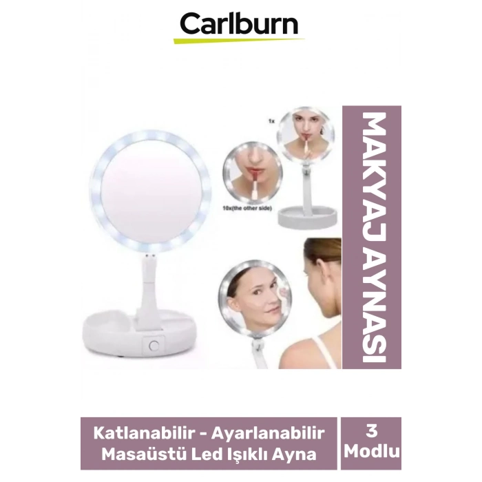 Katlanabilir 3 Modlu Ayarlanabilir Masaüstü Mini Cep Boyu Açılı Piili Led Işıklı Beyaz Makyaj Ayna