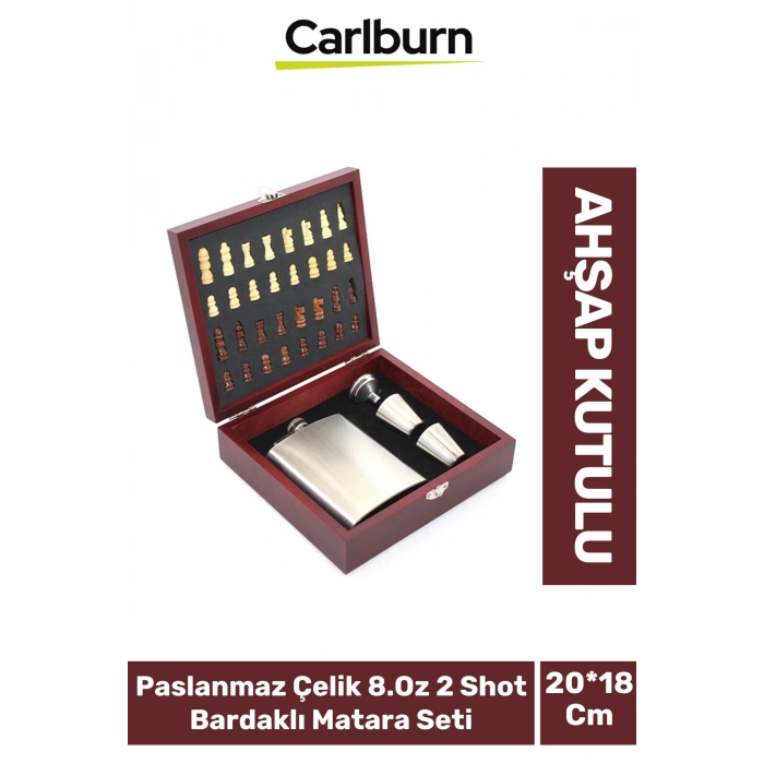 Özel Üretim Paslanmaz Çelik 8.Oz 2 Shot Bardaklı Ahşap Kutulu Satrançlı Alkol Matara Seti 20*18 Cm