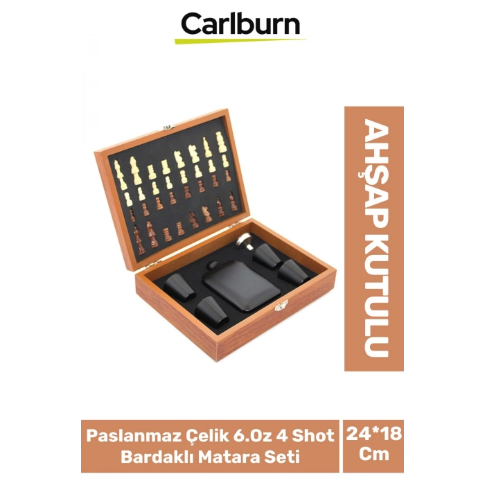 Özel Üretim Paslanmaz Çelik 6.Oz 4 Shot Bardaklı Ahşap Kutulu Satrançlı Alkol Matara Seti 24*18 Cm