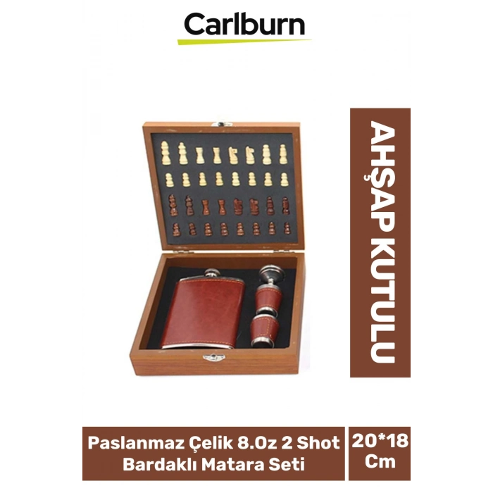 Premium Paslanmaz Çelik 8.Oz 2 Shot Bardaklı Ahşap Kutulu Satrançlı Alkol Deri Matara Seti 20*18 Cm
