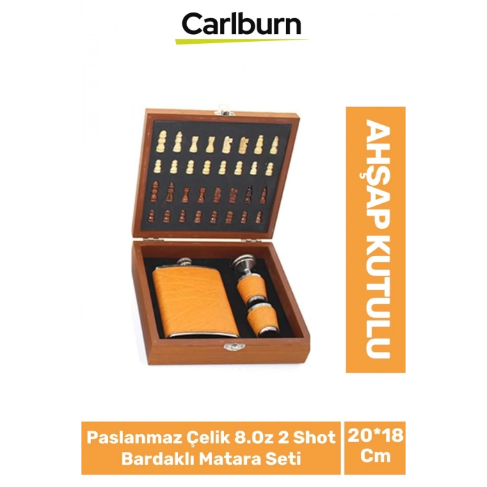 Premium Paslanmaz Çelik 8.Oz 2 Shot Bardaklı Ahşap Kutulu Satrançlı Alkol Deri Matara Seti 20*18 Cm