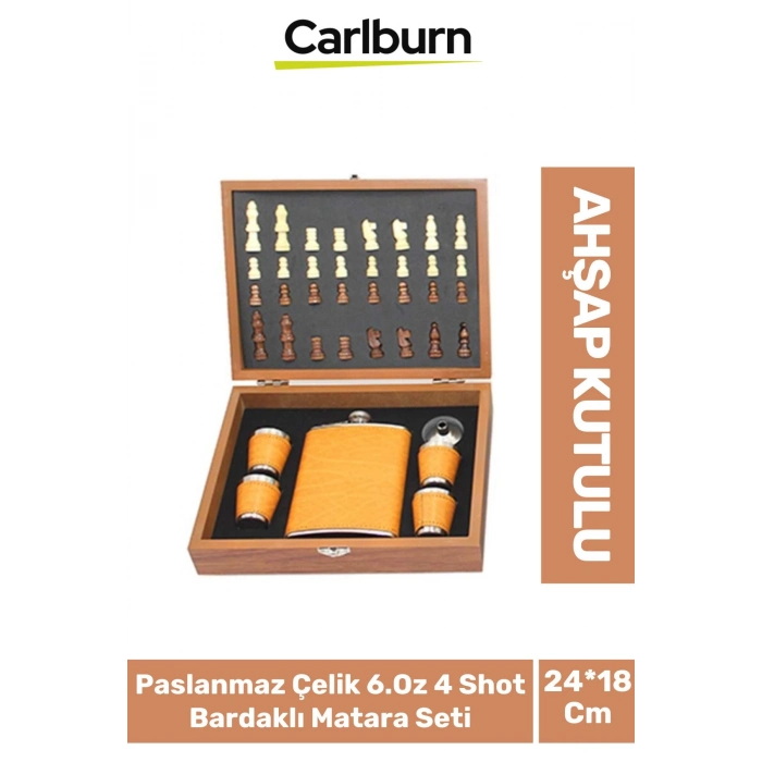 Premium Paslanmaz Çelik 8.Oz 4 Shot Bardaklı Ahşap Kutulu Satrançlı Alkol Deri Matara Seti 24*18 Cm