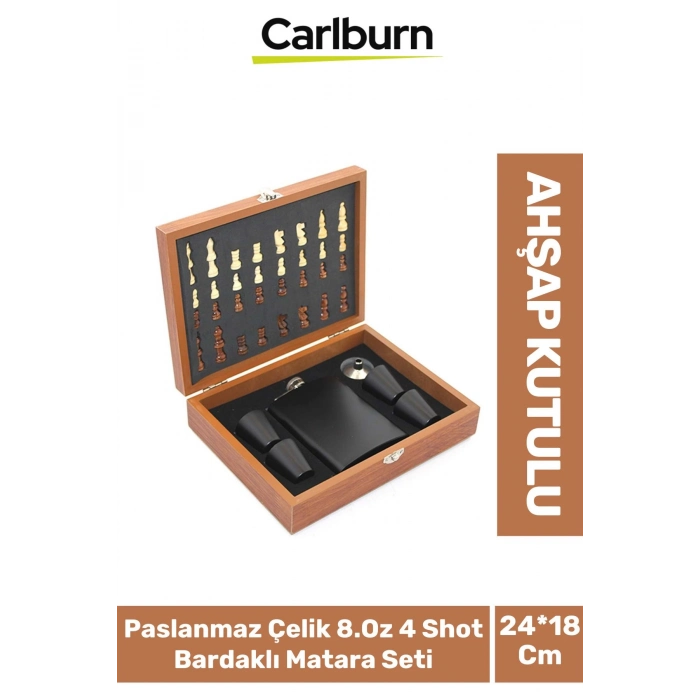 Premium Paslanmaz Çelik 8.Oz 4 Shot Bardaklı Ahşap Kutulu Satrançlı Alkol Deri Matara Seti 24*18 Cm