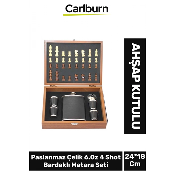Premium Paslanmaz Çelik 8.Oz 4 Shot Bardaklı Ahşap Kutulu Satrançlı Alkol Deri Matara Seti 24*18 Cm