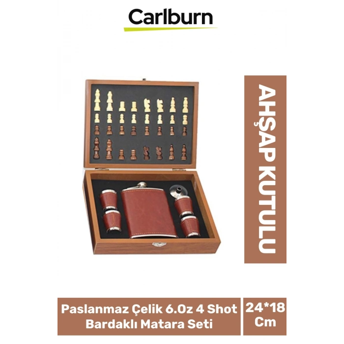 Premium Paslanmaz Çelik 8.Oz 4 Shot Bardaklı Ahşap Kutulu Satrançlı Alkol Deri Matara Seti 24*18 Cm