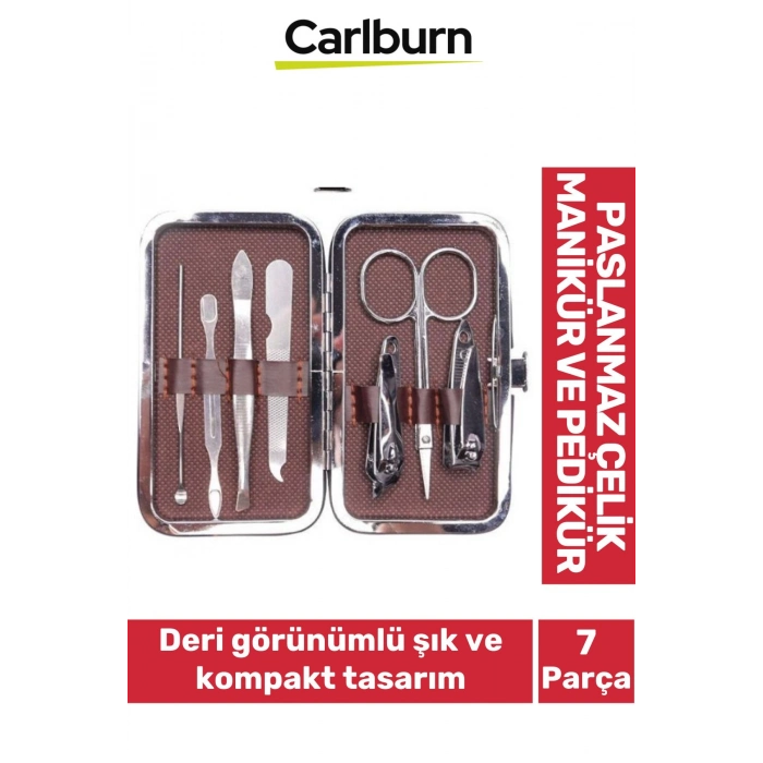 Özel Üretim Uzun Ömürlü Dayanıklı Deri Görünümlü 7 Parça Paslanmaz Çelik Manikür Pedikür Seti