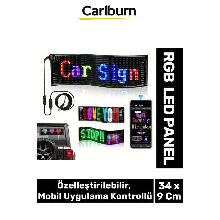 Taşınabilir Özelleştirilebilir Cama Yapıştırılan Mobil Uygulama Kontrollü Araç Oto RGB LED Panel